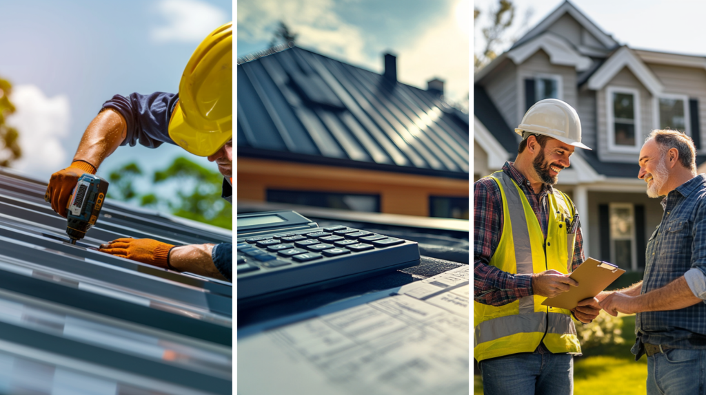 A professional roofer doing a standard roof installation work, an image of a calculator and invoice sheet symbolizing the roof installation project's cost, and a roof contractor having a conversation with a client about his standard roof installation project.