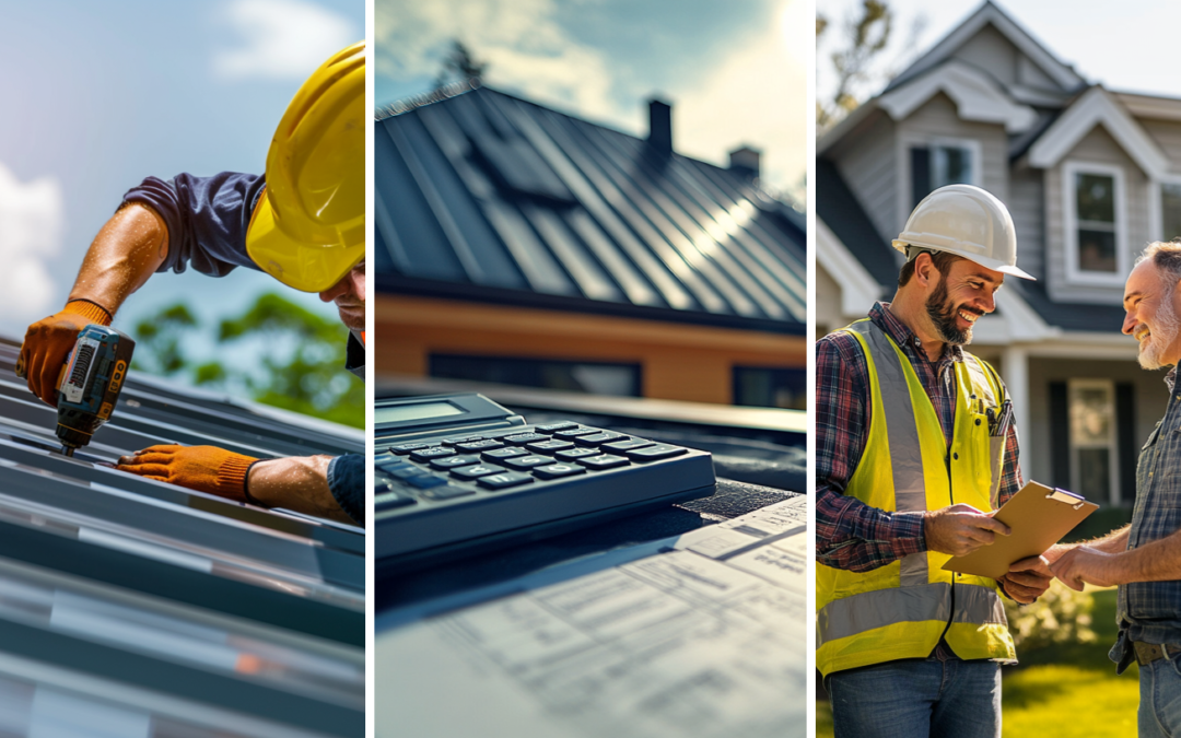 A professional roofer doing a standard roof installation work, an image of a calculator and invoice sheet symbolizing the roof installation project's cost, and a roof contractor having a conversation with a client about his standard roof installation project.