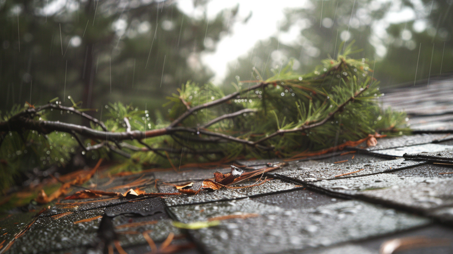 An image of a residential roof damaged by storm.