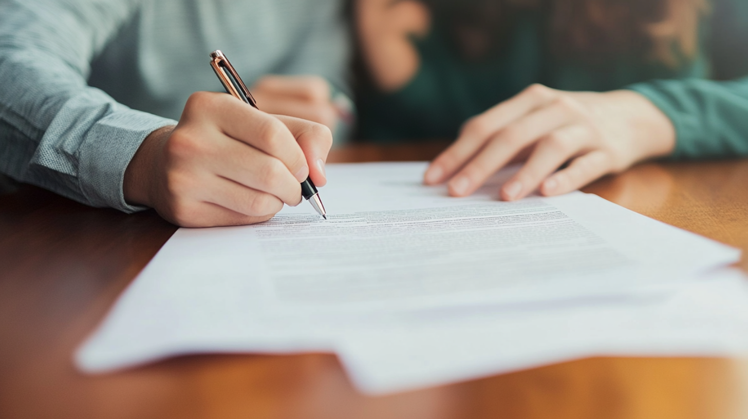 An image of homeowners checking the terms and signing the roof installation warranty document.