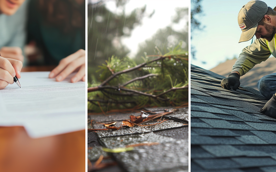 Homeowners checking the terms and signing the roof installation warranty document, a residential roof damaged by storm, and a roofer is installing asphalt shingles in the residential area of Texas.