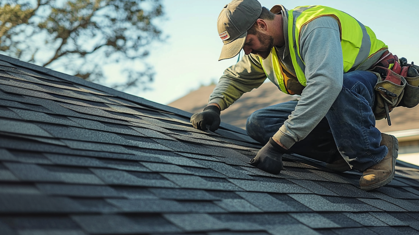 A roofer is installing asphalt shingles in the residential area of Texas.