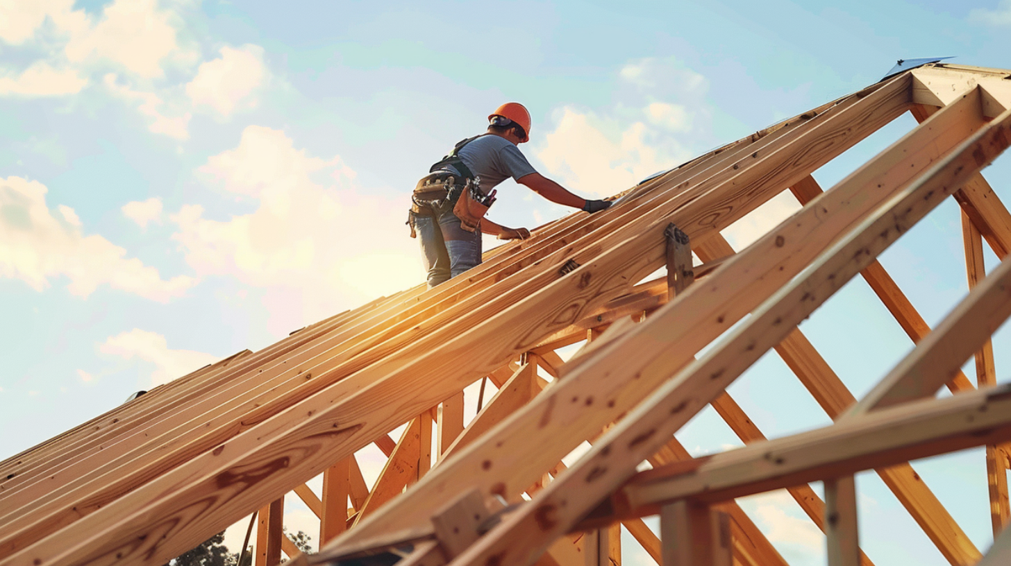 A roofer installing roof trusses on schedule, in alignment with the project plan and timeline.