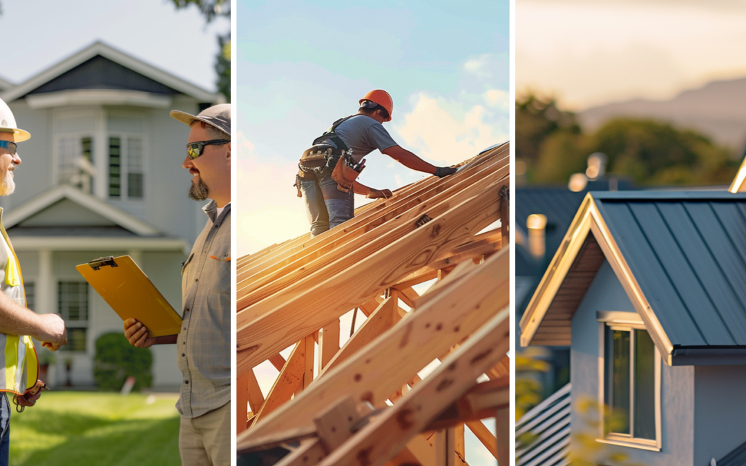 A roofing contractor reviewing the project's timeframe with a client, A roofer installing roof trusses on schedule, and a beautifully installed standing seam metal roof.