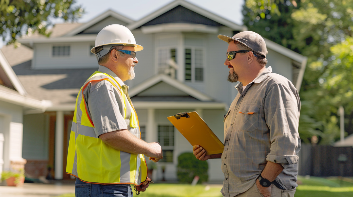 A roofing contractor reviewing the project's timeframe with a client.