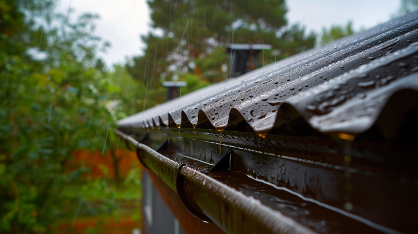 An image of a metal roofing on a rainy day.