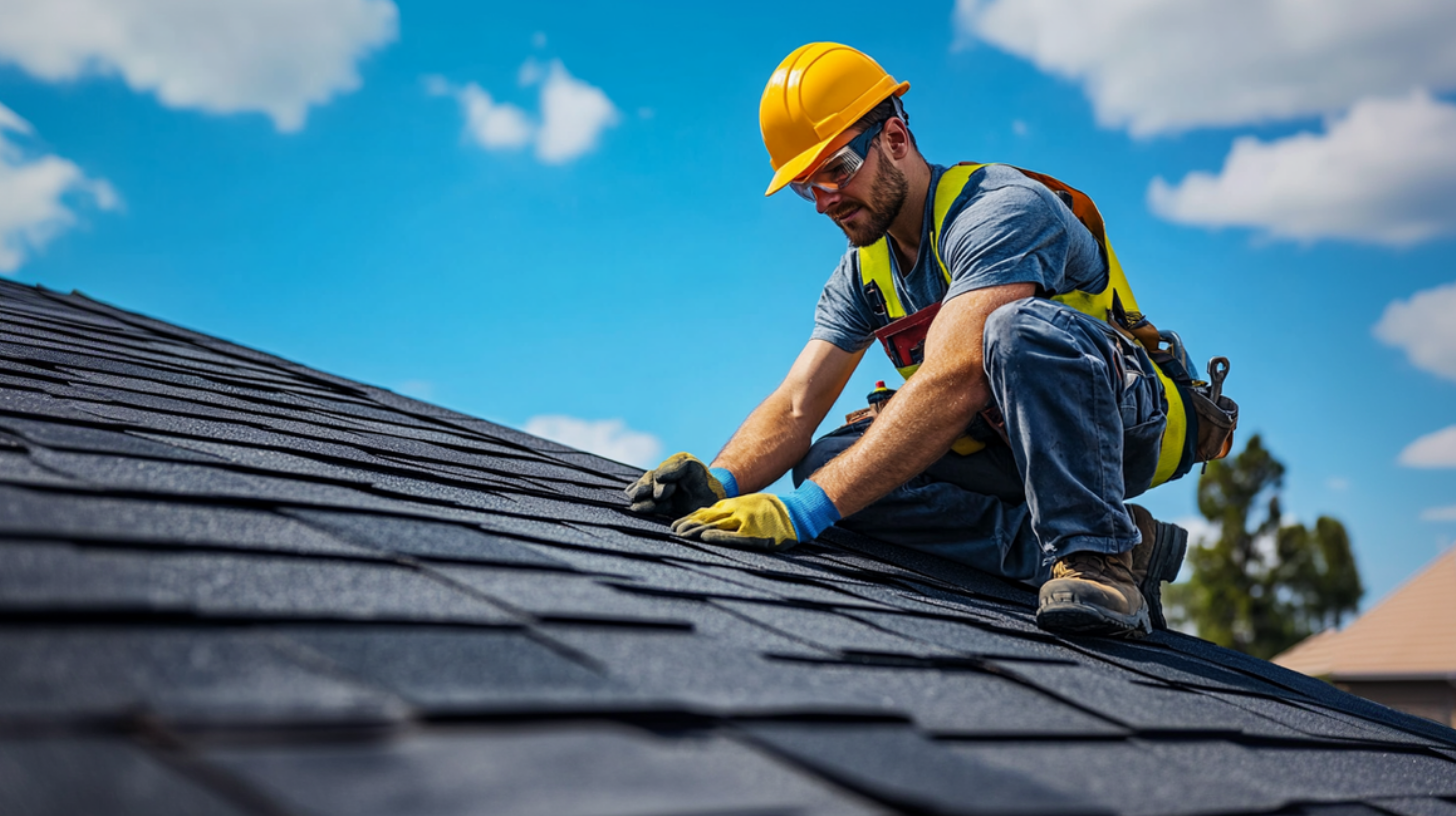 A roofer installing asphalt shingles on a residential roof under clear skies and beautiful weather.