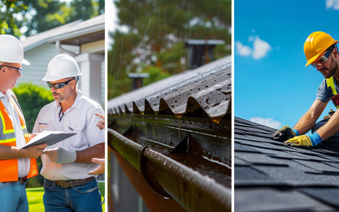 Roofing contractors carefully discussing and planning about a roof installation project, a metal roofing on a rainy day, and a roofer installing asphalt shingles on a residential roof under clear skies and beautiful weather.