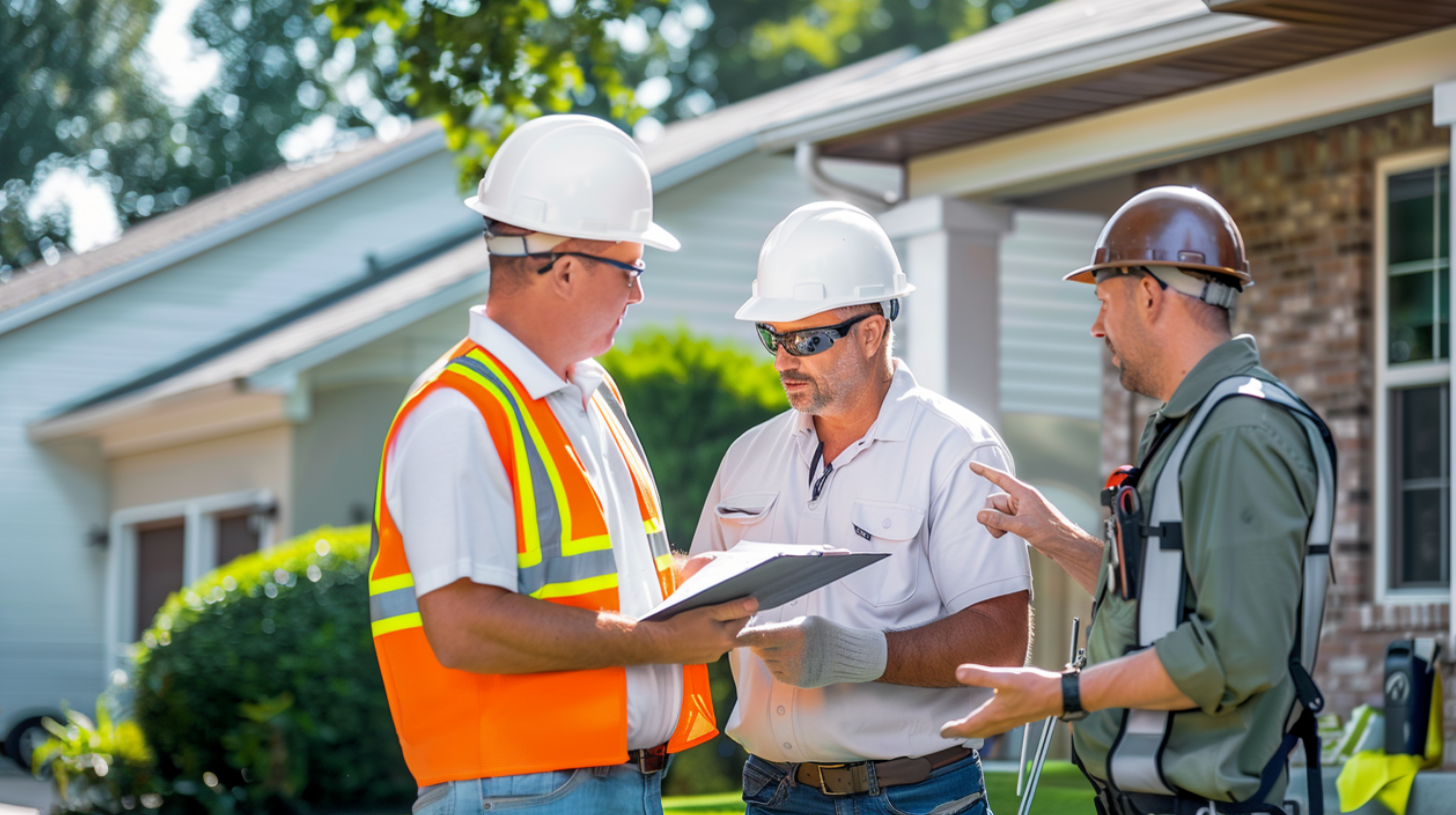 A group of roofing contractors carefully discussing and planning about a roof installation project.