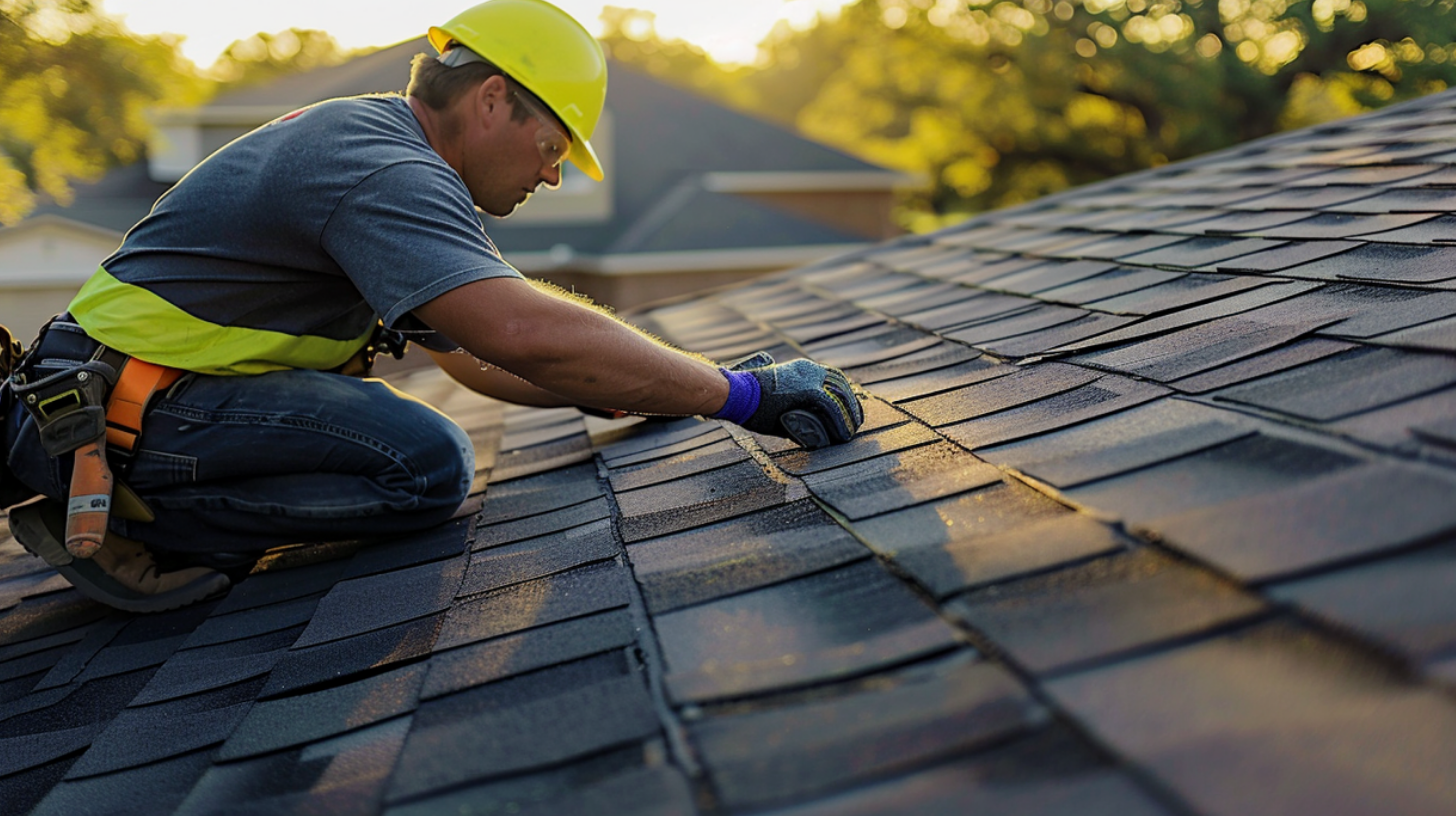 A roofer is installing asphalt shingles in the residential area of Texas showcasing workmanship.