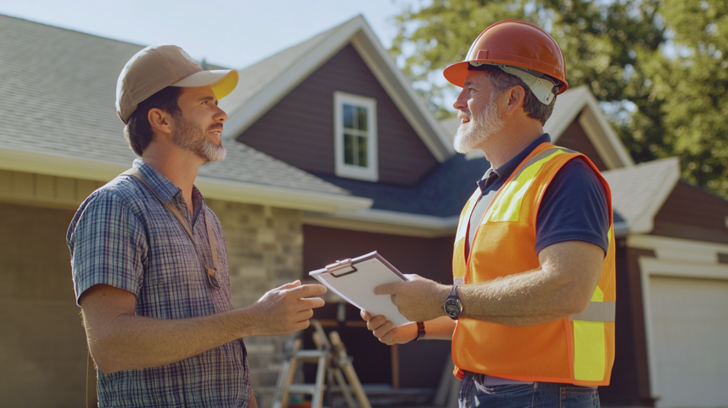 A customer and a roofing contractor talking outside a residential home about workmanship warranty.