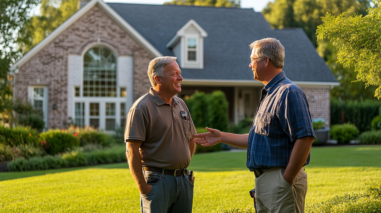 A reliable roofing contractor is talking to the homeowner standing on the lawn in front of the house. The atmosphere includes collaboration and consultation, highlighting the home improvement process and a friendly yet focused exchange between the two characters.