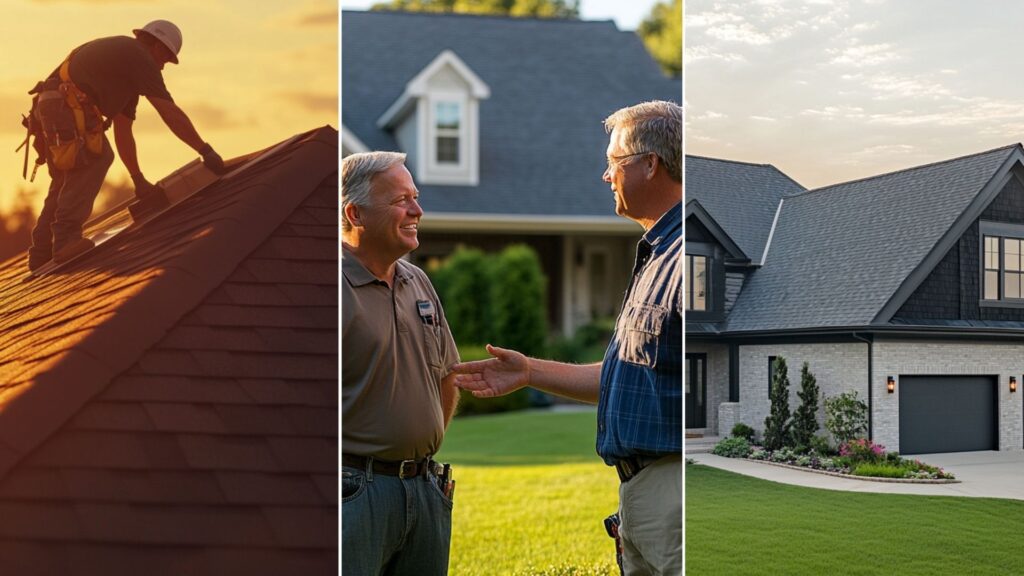 A reliable roofing contractor is talking to the homeowner standing on the lawn in front of the house. The atmosphere includes collaboration and consultation, highlighting the home improvement process and a friendly yet focused exchange between the two characters. roofers at work. A side profile view of a residential home showcasing a beautiful asphalt shingle roof. The roof is the main focus, with neat, evenly spaced dark gray shingles, sloping cleanly over the house. The home is well-maintained, with minimal details of the exterior walls visible to highlight the roof. The sky is clear, and the lighting emphasizes the texture and quality of the shingles.