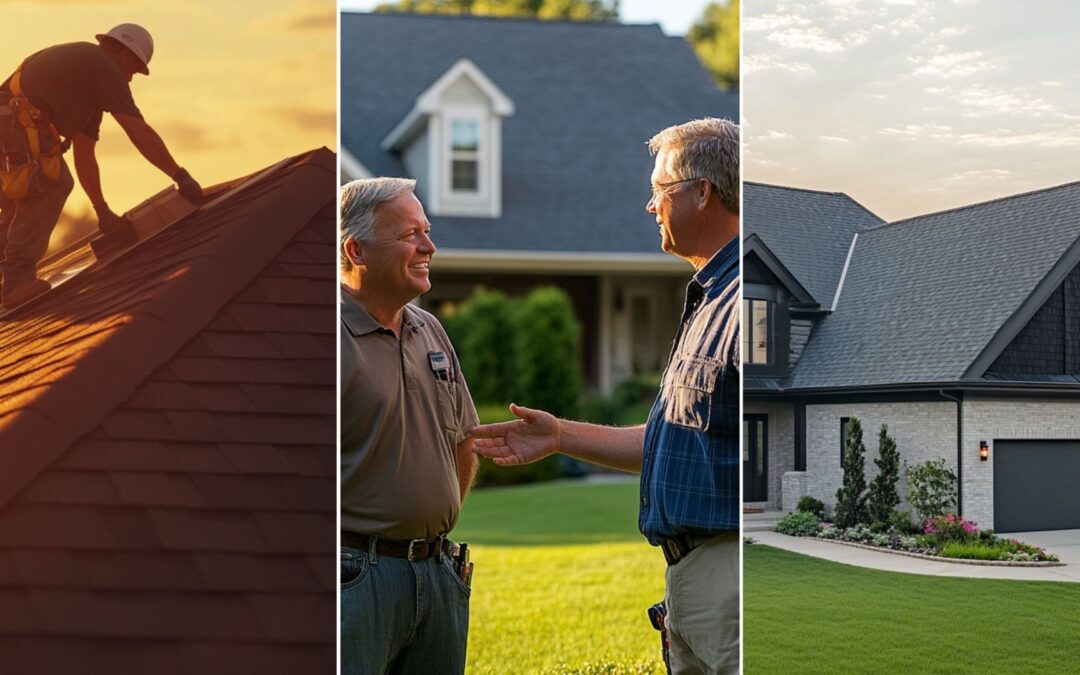 A reliable roofing contractor is talking to the homeowner standing on the lawn in front of the house. The atmosphere includes collaboration and consultation, highlighting the home improvement process and a friendly yet focused exchange between the two characters. roofers at work. A side profile view of a residential home showcasing a beautiful asphalt shingle roof. The roof is the main focus, with neat, evenly spaced dark gray shingles, sloping cleanly over the house. The home is well-maintained, with minimal details of the exterior walls visible to highlight the roof. The sky is clear, and the lighting emphasizes the texture and quality of the shingles.