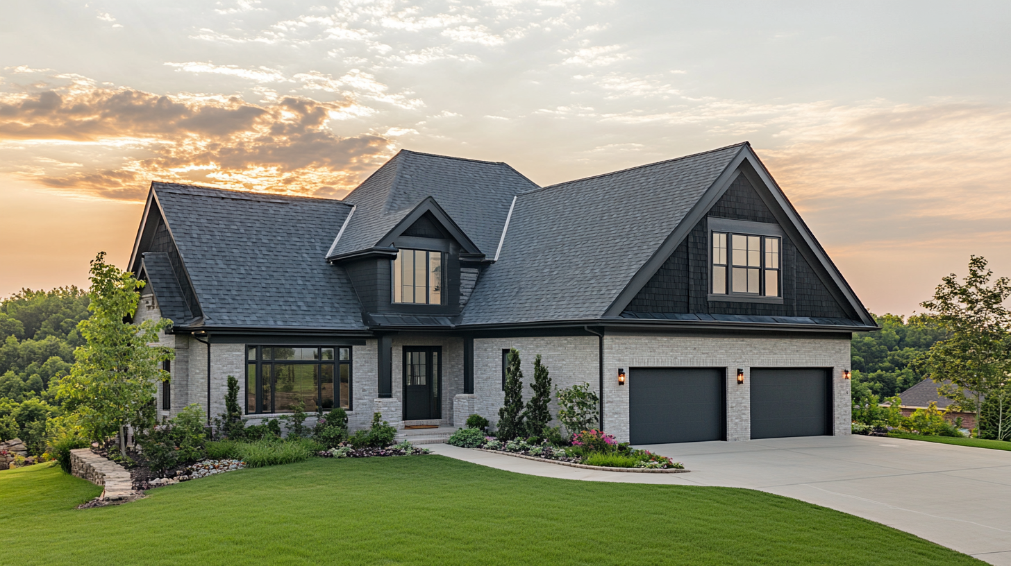 A side profile view of a residential home showcasing a beautiful asphalt shingle roof. The roof is the main focus, with neat, evenly spaced dark gray shingles, sloping cleanly over the house. The home is well-maintained, with minimal details of the exterior walls visible to highlight the roof. The sky is clear, and the lighting emphasizes the texture and quality of the shingles.