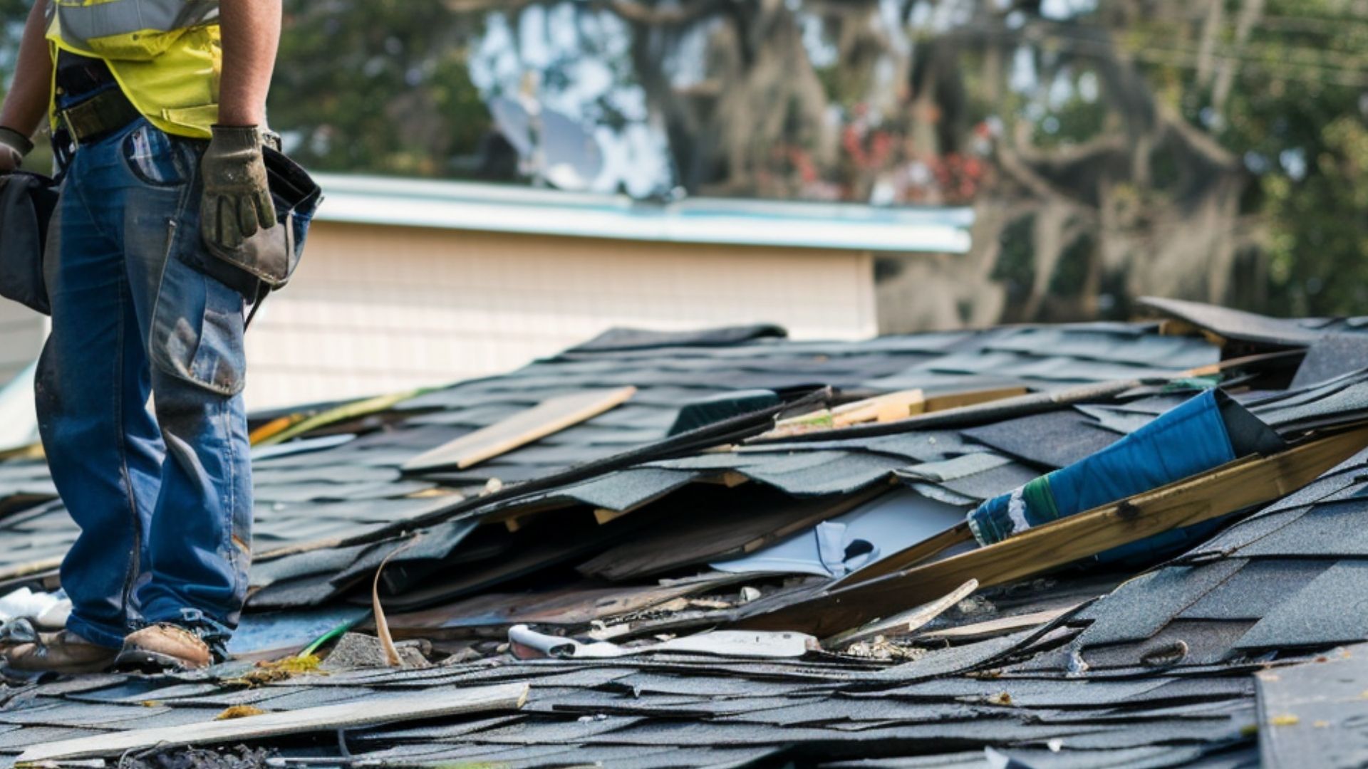 A roofing contractor wearing safety gear is inspecting a residential roof that has been damaged by a recent storm.