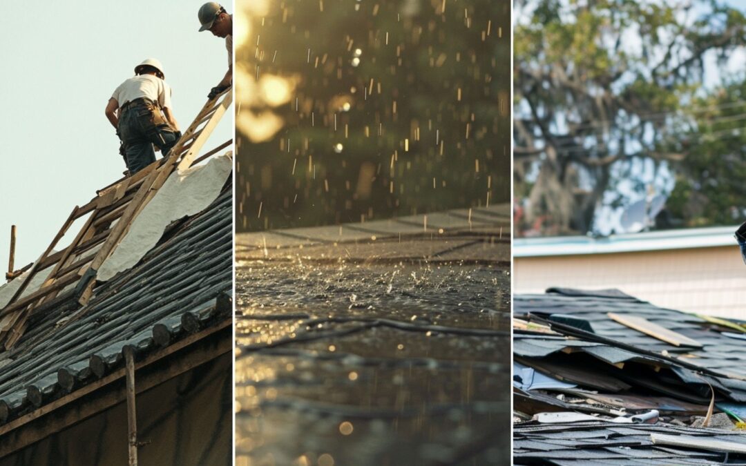 The roof drips water onto the ground as rain is being poured, shot from a far to see the whole house men replacing the roof of a house A roofing contractor wearing safety gear is inspecting a residential roof that has been damaged by a recent storm.