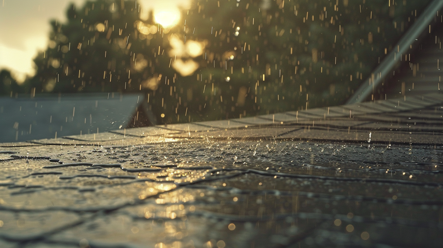 The roof drips water onto the ground as rain is being poured, shot from a far to see the whole house