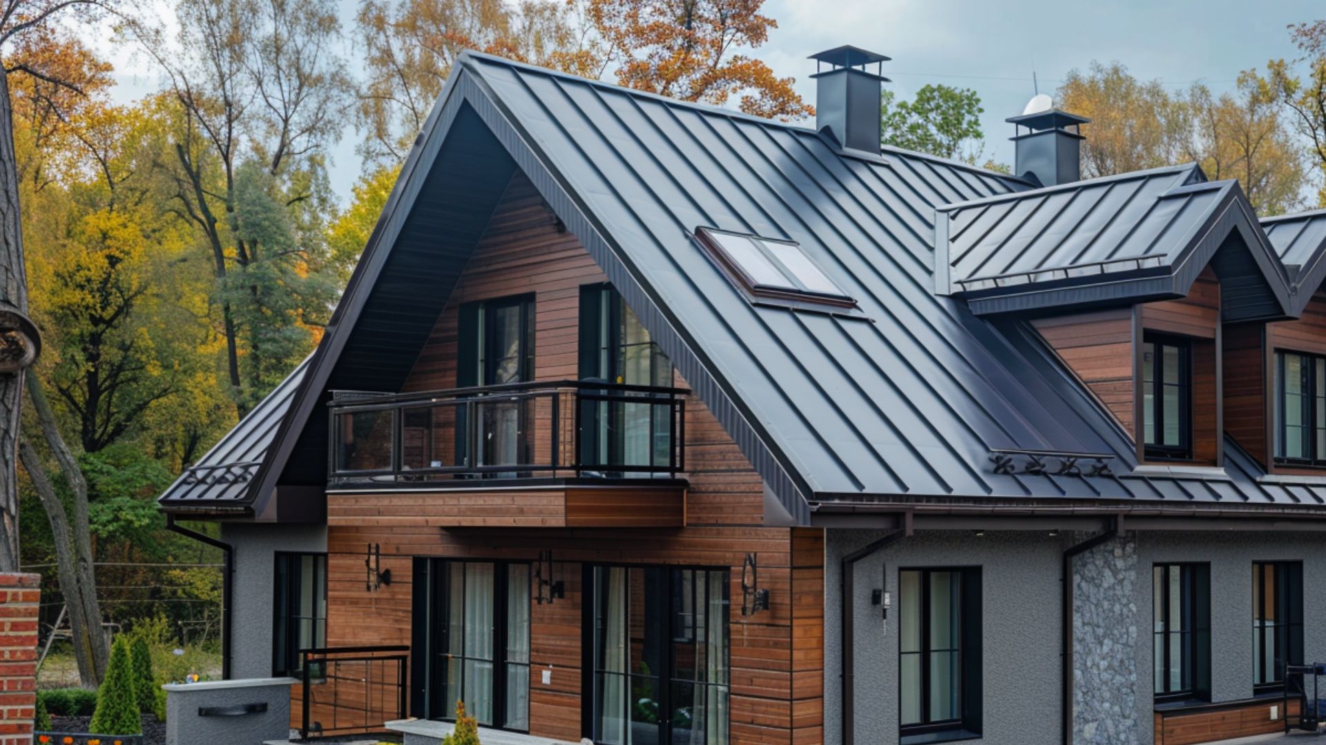 Two skilled roofing contractors, identifiable by their white hard hats and high-visibility vests, are admiring a newly installed asphalt shingles roof on a picturesque suburban home .