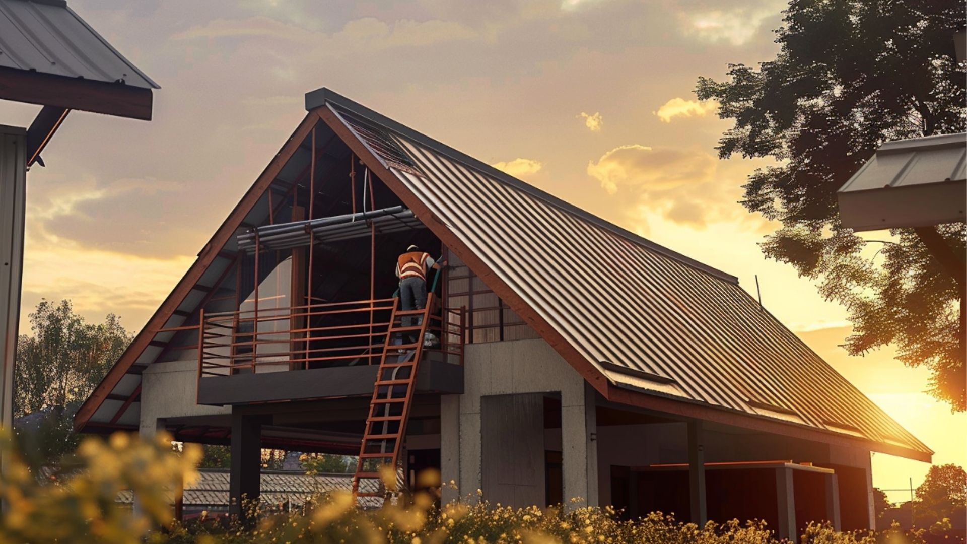 Two skilled roofing contractors, identifiable by their white hard hats and high-visibility vests, are admiring a newly installed asphalt shingles roof on a picturesque suburban home .