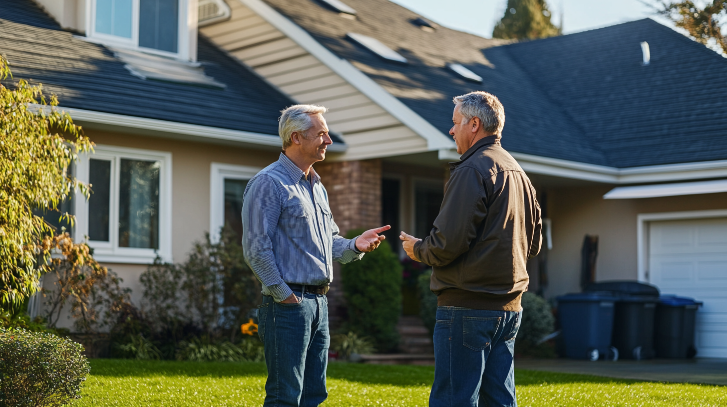 Two skilled roofing contractors, identifiable by their white hard hats and high-visibility vests, are admiring a newly installed asphalt shingles roof on a picturesque suburban home .