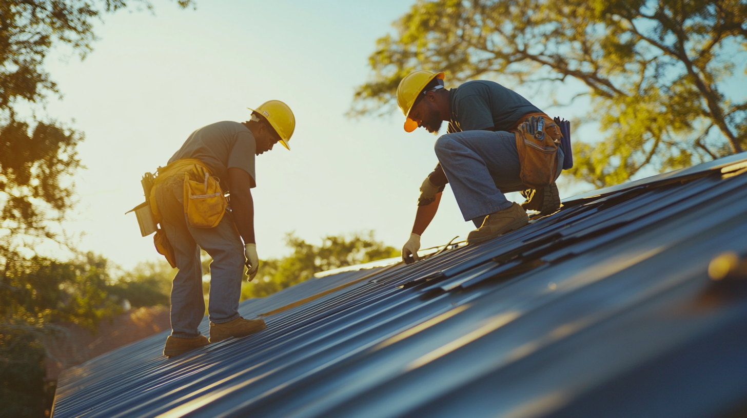 two roofers repairing the roof of san antonio texas homeowner. no close-up in worker faces. the type of roof is seam metal roof.