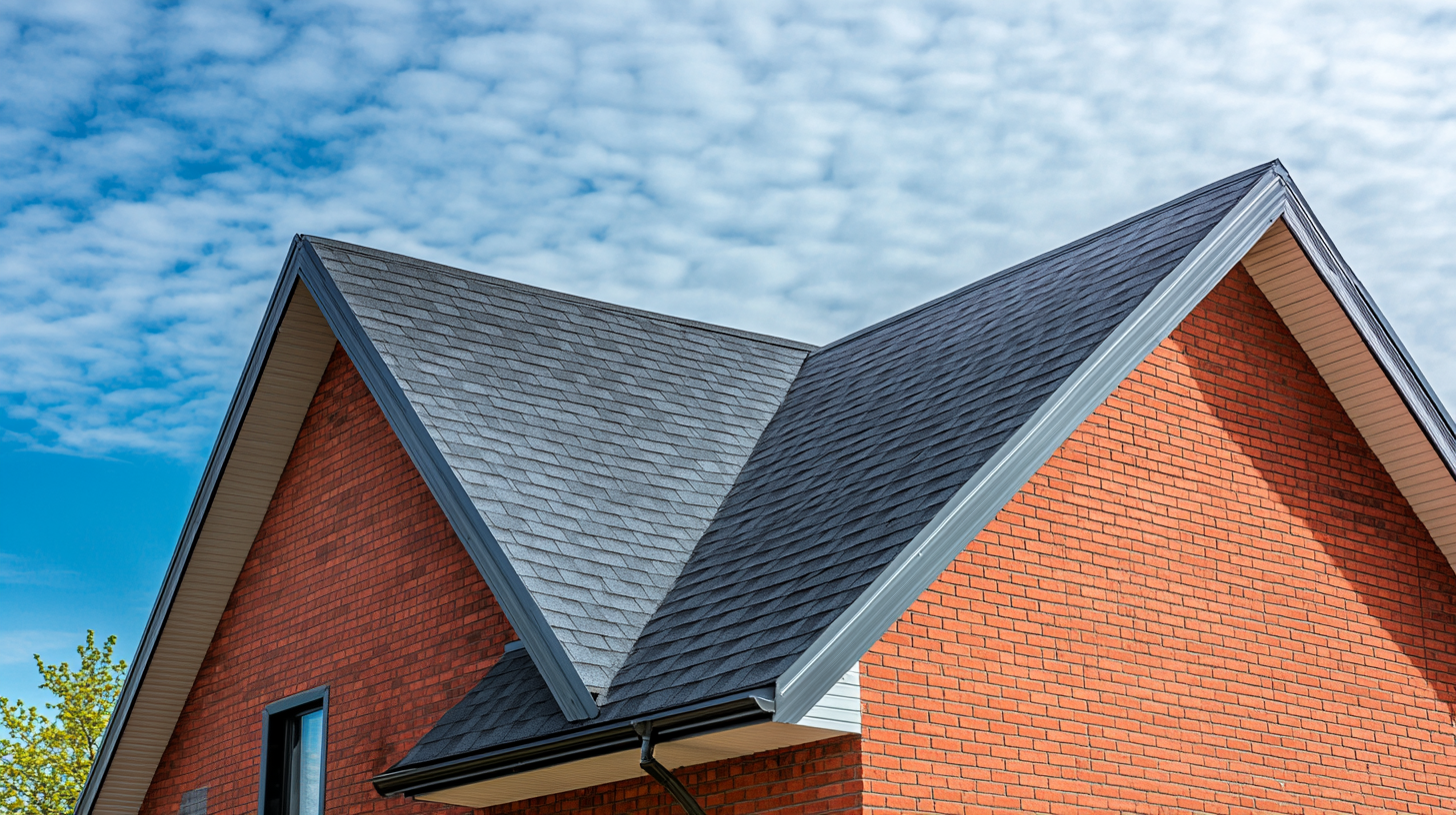 A side profile view of a residential home showcasing a beautiful asphalt shingle roof. The roof is the main focus, with neat, evenly spaced dark gray shingles, sloping cleanly over the house. The home is well-maintained, with minimal details of the exterior walls visible to highlight the roof. The sky is clear, and the lighting emphasizes the texture and quality of the shingles.