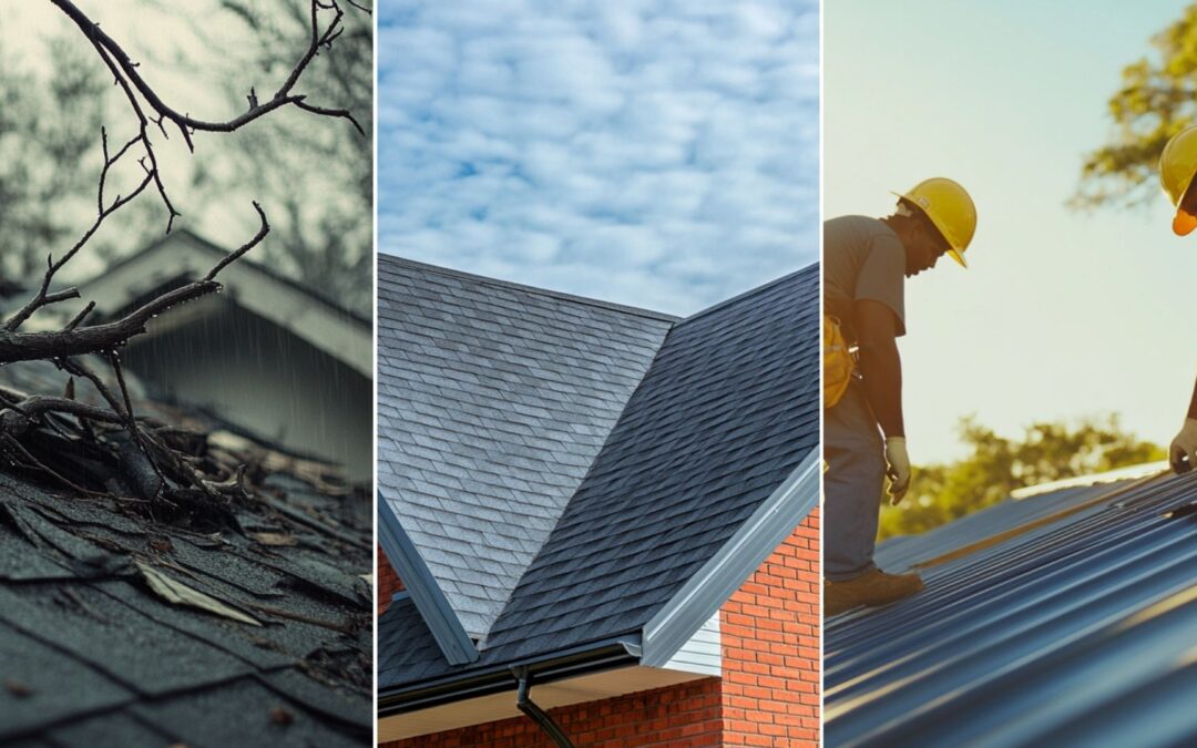 two roofers repairing the roof of san antonio texas homeowner. no close-up in worker faces. the type of roof is seam metal roof. A residential roof severely damaged by a recent rainstorm, A side profile view of a residential home showcasing a beautiful asphalt shingle roof. The roof is the main focus, with neat, evenly spaced dark gray shingles, sloping cleanly over the house. The home is well-maintained, with minimal details of the exterior walls visible to highlight the roof. The sky is clear, and the lighting emphasizes the texture and quality of the shingles.