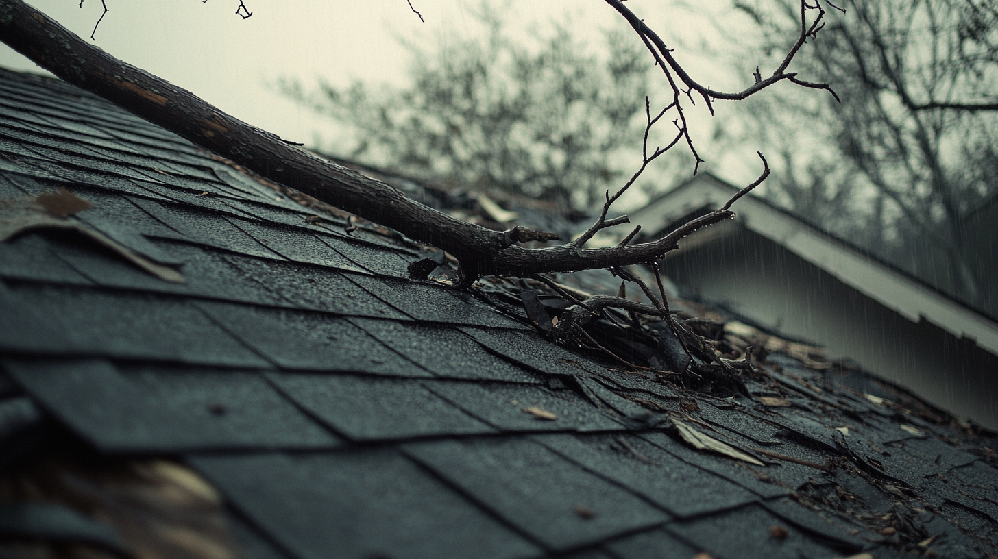 A residential roof severely damaged by a recent rainstorm, with broken and missing shingles scattered across the surface. Large tree branches have fallen onto the roof, causing visible dents and cracks. The shingles are bent, torn, and some are completely blown off, revealing the underlayment beneath. The atmosphere is stormy, with dark, heavy clouds looming in the sky and light rain still falling, creating a wet and gloomy scene. The house exterior shows signs of water damage, with puddles forming near the gutters. The overall mood reflects the aftermath of a strong storm, with the focus on the roof's extensive damage and the surrounding stormy environment.