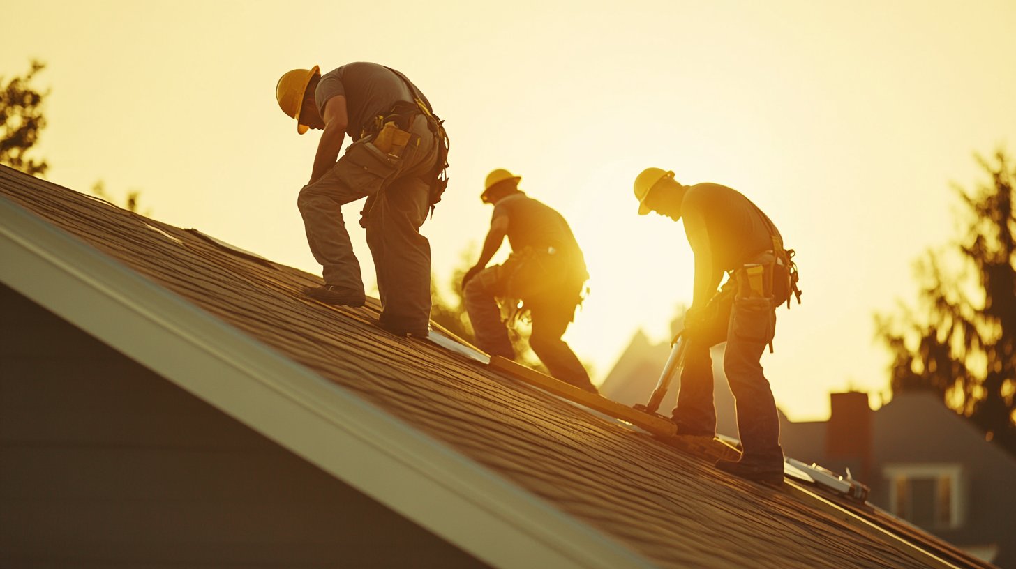 workers are on top of the roof and repairing a meta roofing.