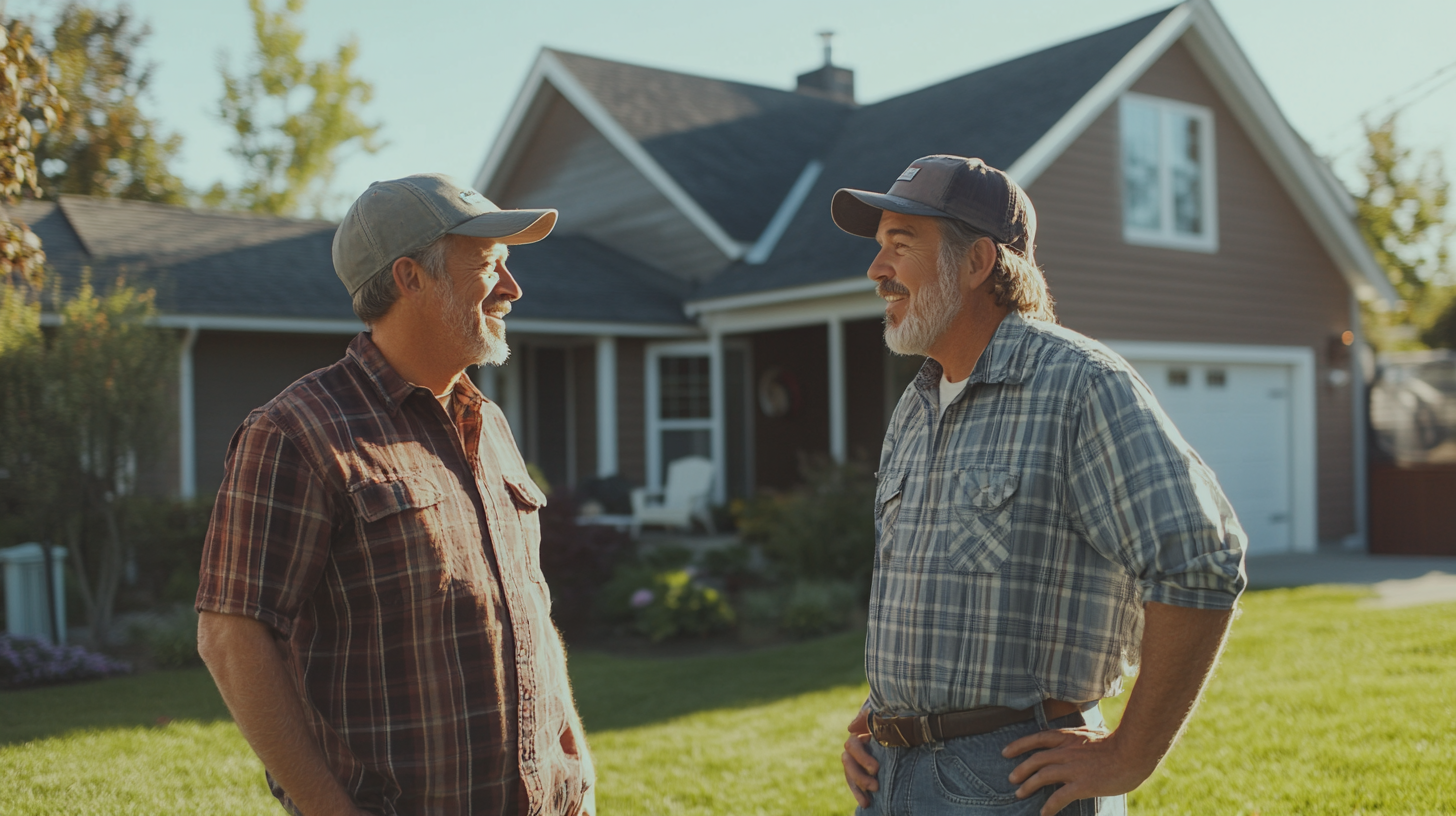 A reliable roofing contractor is talking to the homeowner standing on the lawn in front of the house. The atmosphere includes collaboration and consultation, highlighting the home improvement process and a friendly yet focused exchange between the two characters.