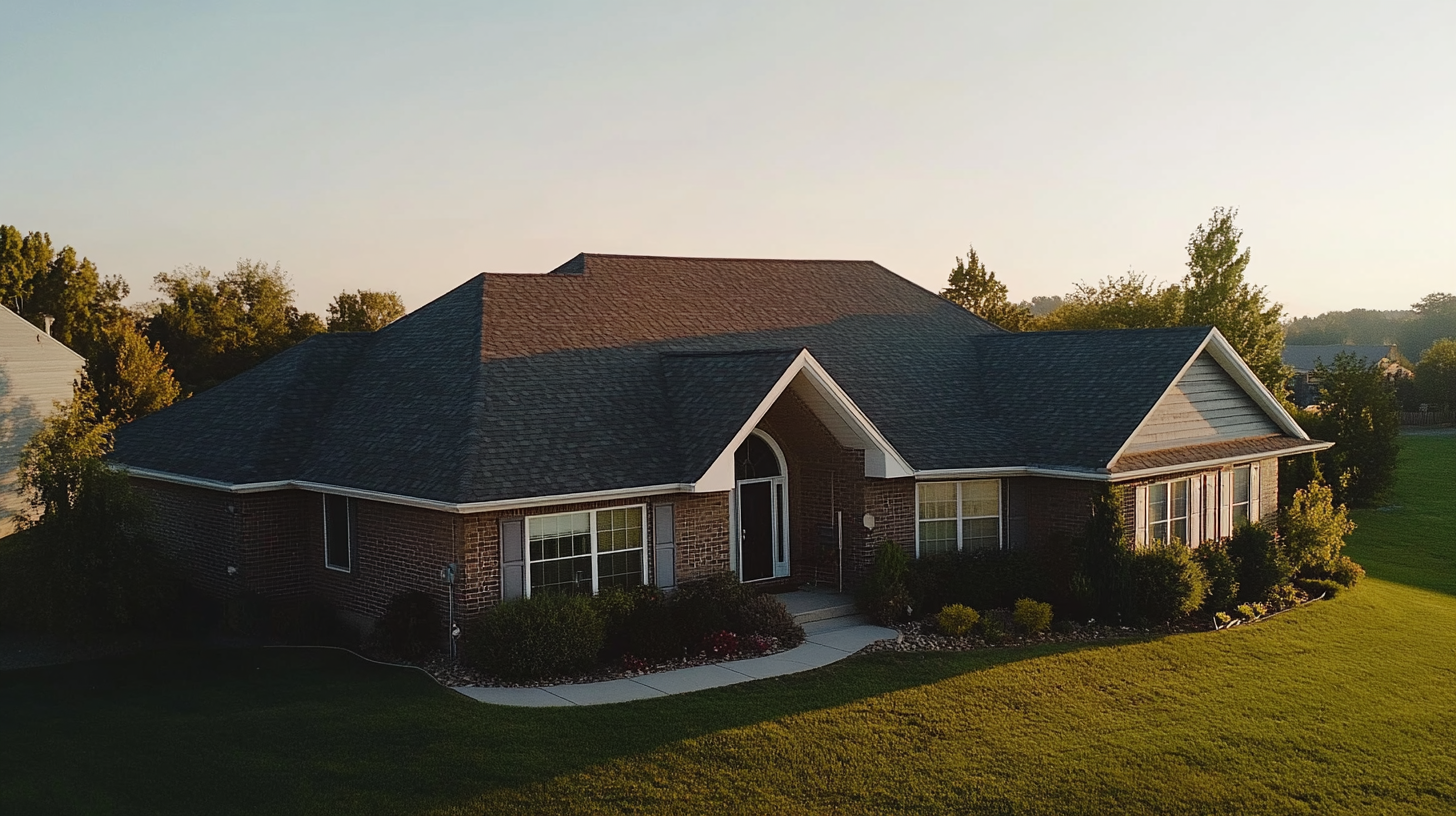 A side profile view of a residential home showcasing a beautiful asphalt shingle roof. The roof is the main focus, with neat, evenly spaced dark gray shingles, sloping cleanly over the house. The home is well-maintained, with minimal details of the exterior walls visible to highlight the roof. The sky is clear, and the lighting emphasizes the texture and quality of the shingles.