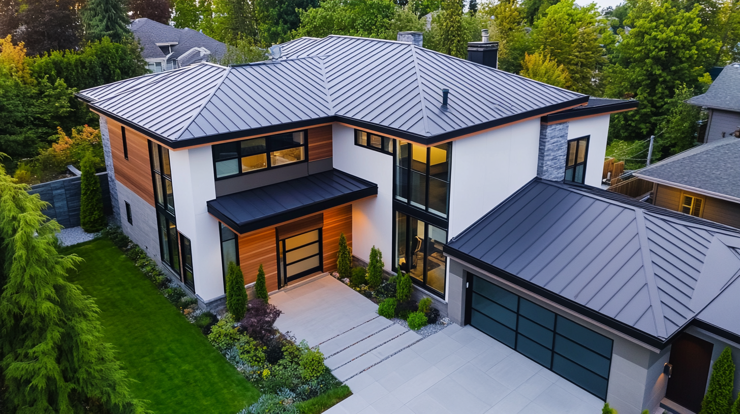 an image of a sleek residential image featuring seamlessly integrated thermoplastic roof, blending harmoniously with the modern roof structure for an aesthetically pleasing look. an image of a standing seam metal roof installed in a house roof, catch that the roof is colored yellow.