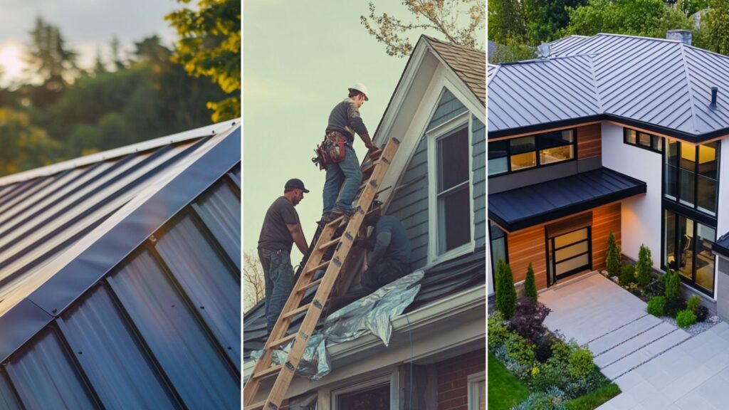 roofers at work an image of a sleek residential image featuring seamlessly integrated thermoplastic roof, blending harmoniously with the modern roof structure for an aesthetically pleasing look.