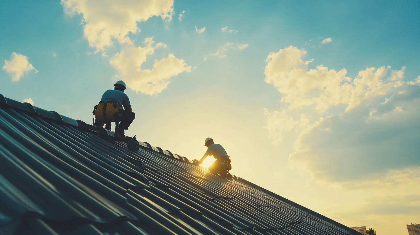 Photo of two workers are on top of the roof and repairing a meta roofing.