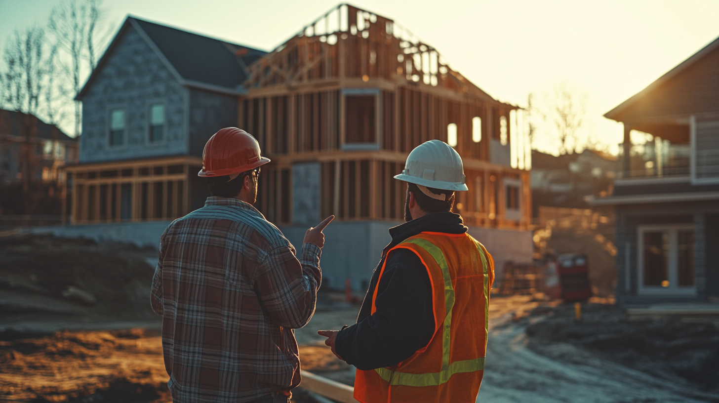 A builder and the owner standing at a construction site, both looking at the house while pointing towards it.