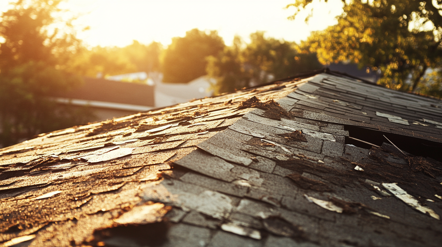 A residential roof severely damaged by a recent rainstorm, with broken and missing shingles scattered across the surface. Large tree branches have fallen onto the roof, causing visible dents and cracks