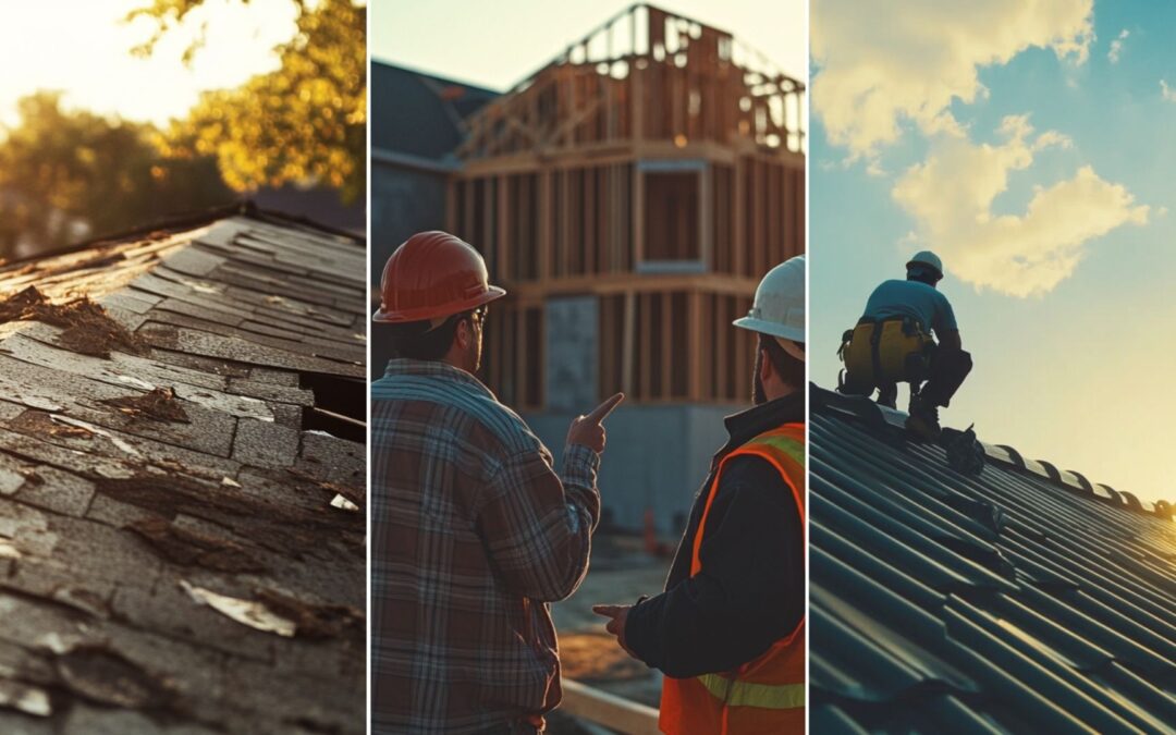 A residential roof severely damaged by a recent rainstorm, with broken and missing shingles scattered across the surface. Large tree branches have fallen onto the roof, causing visible dents and cracks. A builder and the owner standing at a construction site, both looking at the house while pointing towards it. Photo of two workers are on top of the roof and repairing a meta roofing.