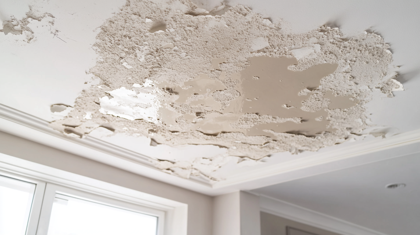 Create a realistic image depicting minor interior water damage on a ceiling, showing signs such as water stains, peeling paint, and slight discoloration. The ceiling should be textured, with light illuminating the affected area to emphasize the damage.