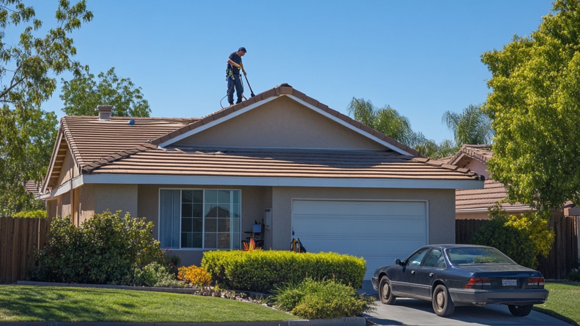 A residential home in a clean suburban neighborhood under clear blue skies. A professional cleaner is standing on the roof, actively removing dirt and debris. The image captures the before and after results of the roof cleaning, showcasing a freshly cleaned roof that sparkles against the bright surroundings, emphasizing the effectiveness of the cleaning service.