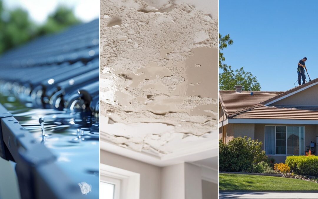 A residential home in a clean suburban neighborhood under clear blue skies. A professional cleaner is standing on the roof, actively removing dirt and debris. The image captures the before and after results of the roof cleaning, showcasing a freshly cleaned roof that sparkles against the bright surroundings, emphasizing the effectiveness of the cleaning service. Create a realistic image depicting minor interior water damage on a ceiling, showing signs such as water stains, peeling paint, and slight discoloration. The ceiling should be textured, with light illuminating the affected area to emphasize the damage. an image of roof with ponding water because of clogged gutter