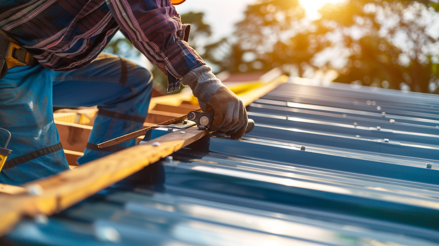 A worker is installing a roof steel truss on a suburban house. Do not close up on roofer.