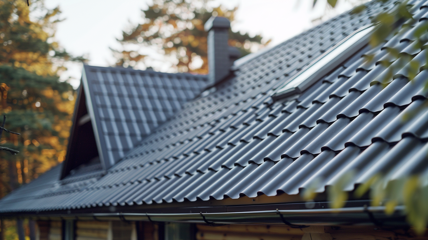 A close up top view shot of a metal roof of a simple house. Focus on the roof and correct gutter.