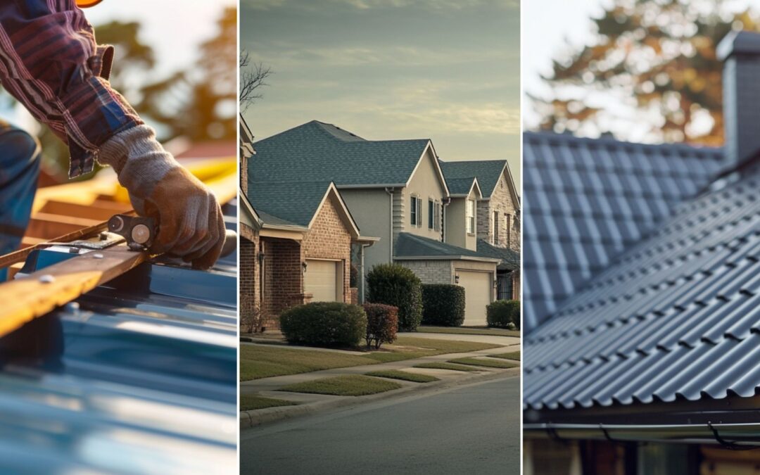 A close up top view shot of a metal roof of a simple house. Focus on the roof and correct gutter. A worker is installing a roof steel truss on a suburban house. Do not close up on roofer. suburbian single family houses, texas region, residential neighborhood, view from the street.