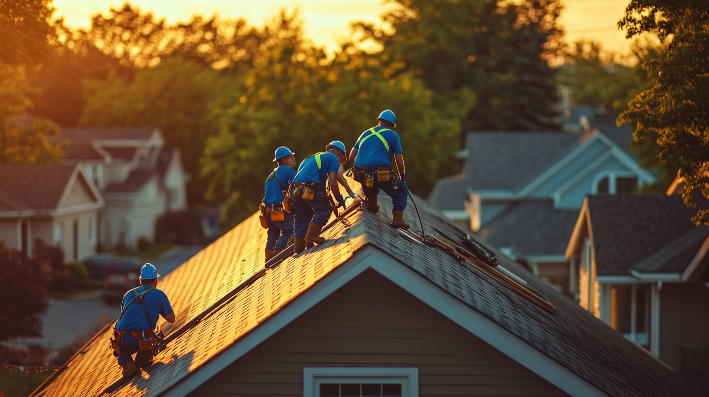 an image of a crew of workers in blue vests replacing the roof of a middle-class home.