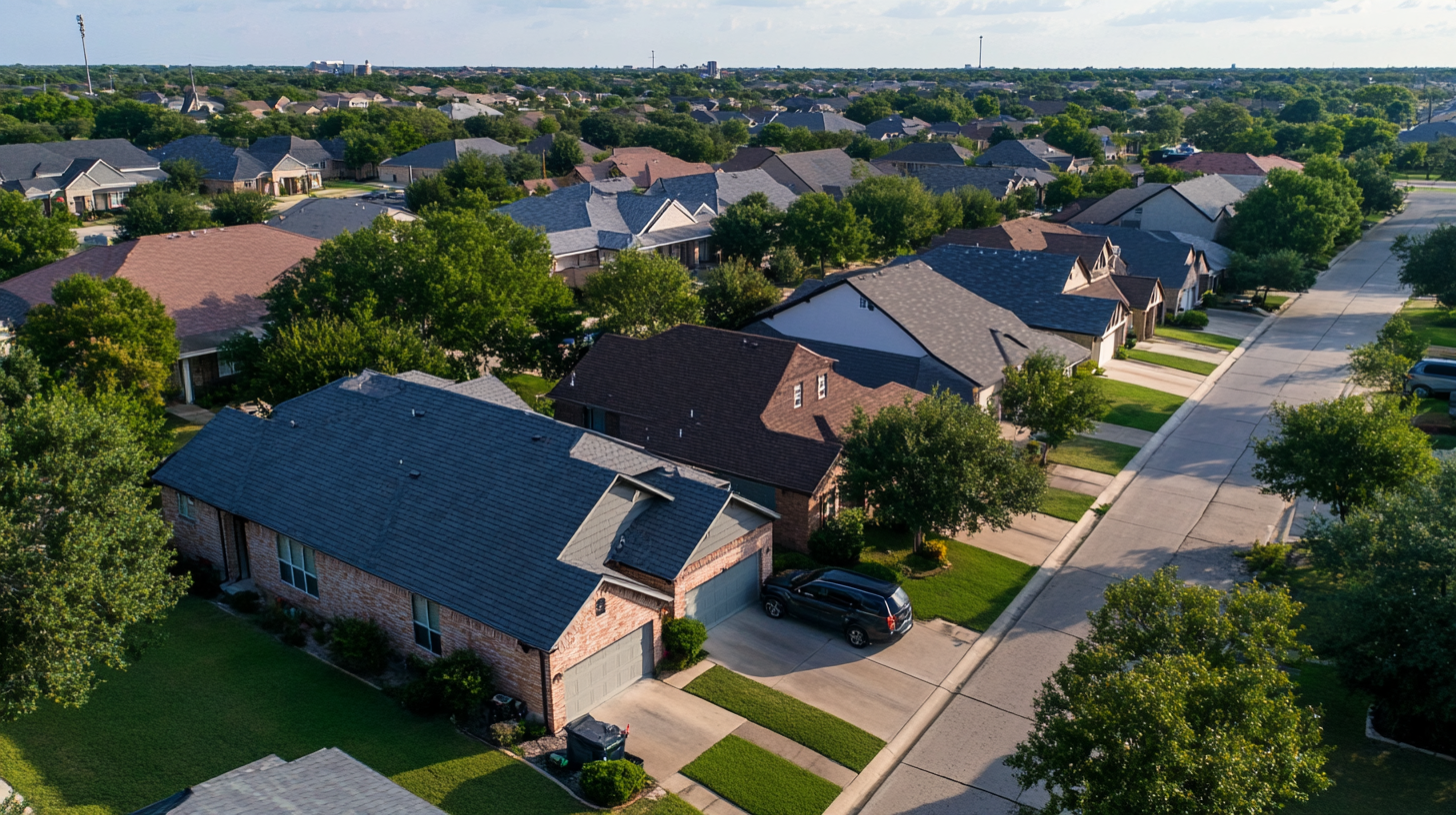 suburbian single family houses, texas region, residential neighborhood, view from the street. seam metal roofs.