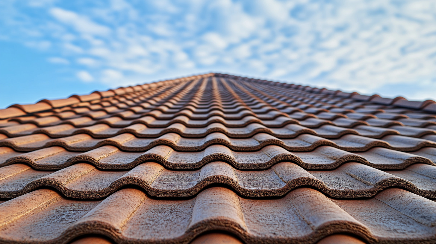 Front view of a wide, horizontal roof with brick-colored tiles, captured from a straight-on perspective.