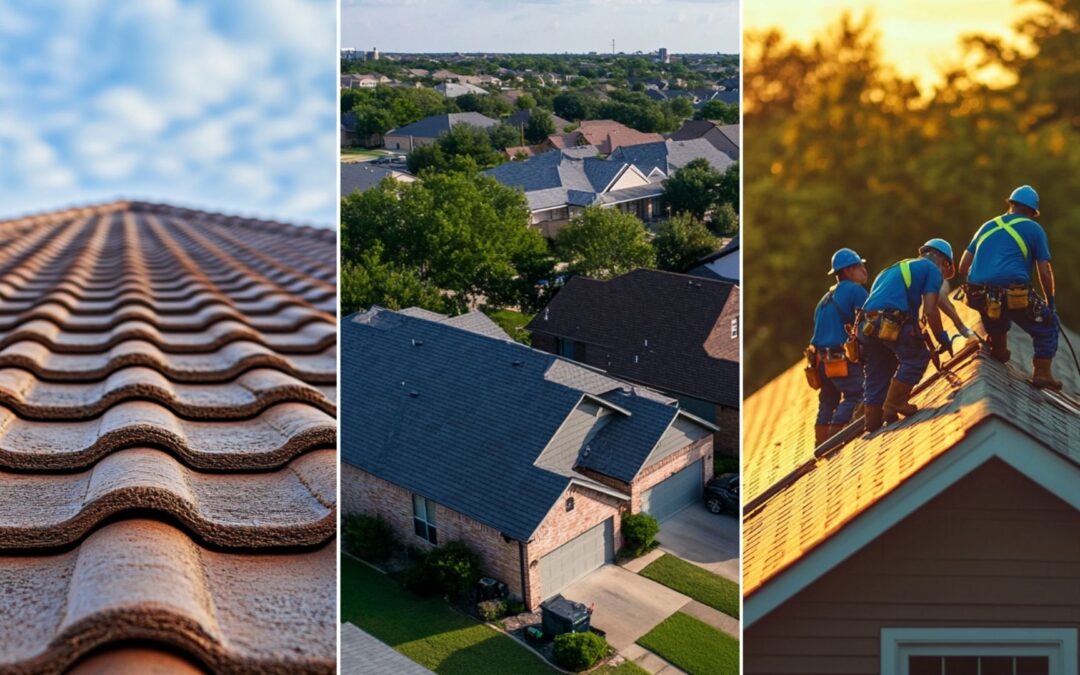 Front view of a wide, horizontal roof with brick-colored tiles, captured from a straight-on perspective. an image of a crew of workers in blue vests replacing the roof of a middle-class home. suburbian single family houses, texas region, residential neighborhood, view from the street. seam metal roofs.