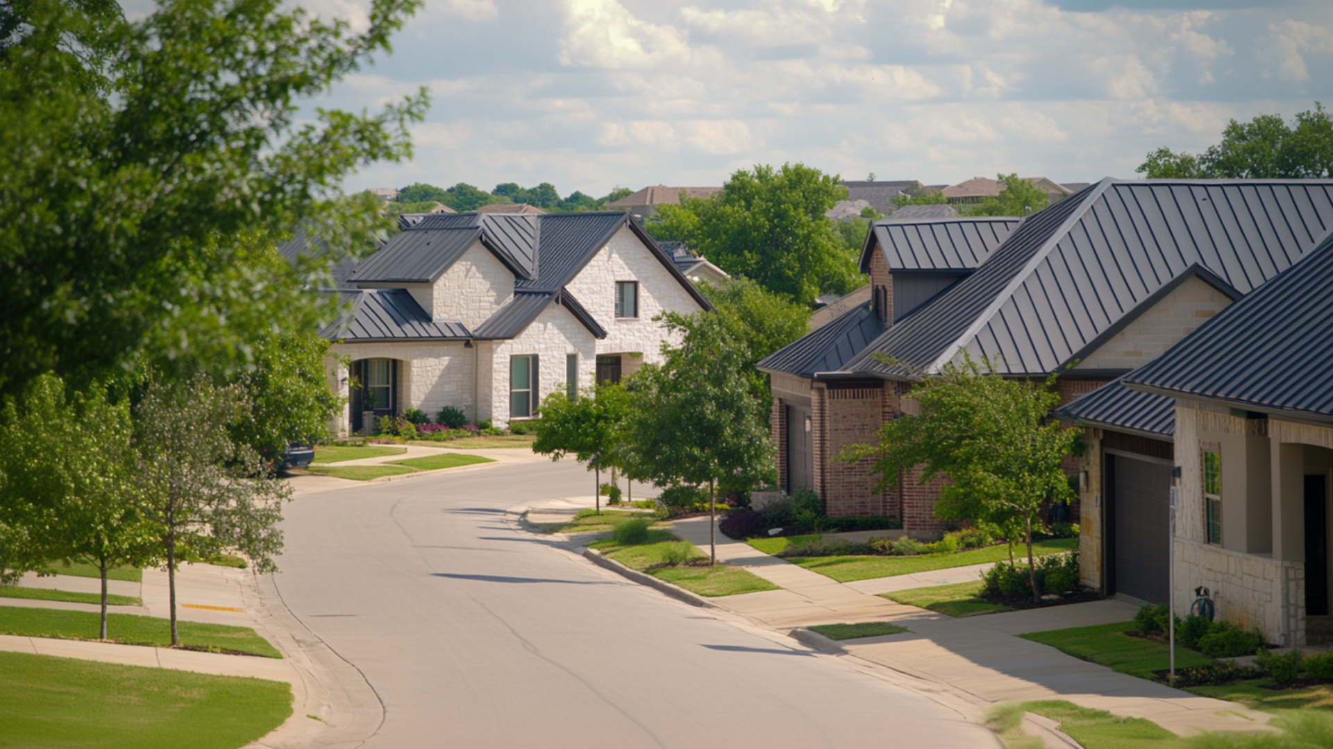 A suburban area with metal roofing.