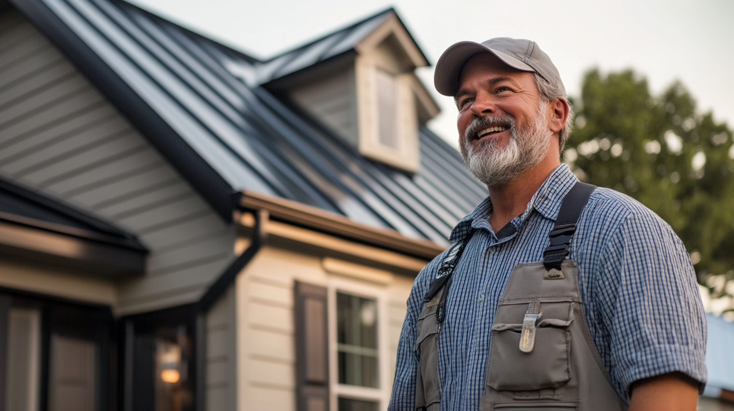 A metal roof contractor is happy about the outcome of the roof repair.